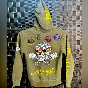 Vintage Gren / Khaki Ed Hardy Skull Zip Up Hoodie, Jacket Boys size 8
